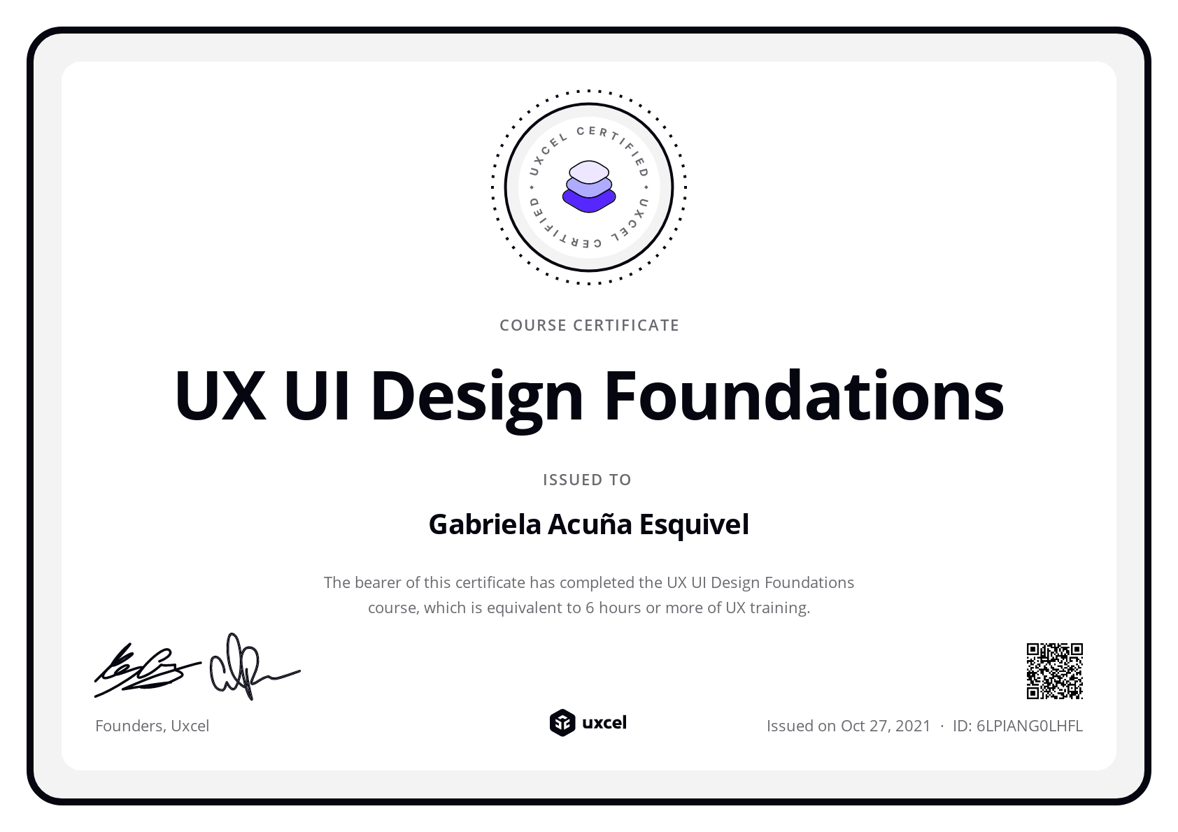 Gabriela Acuña Esquivel's certificate